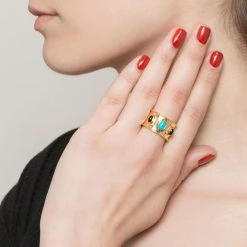 Bague Large Triple Pierres (turquoise/onyx) -Jollia Soldes Magasin bague large pierre noir turquoise dore 1