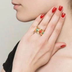 Bague Large Triple Pierres (turquoise/rouge) -Jollia Soldes Magasin bague large pierre turquoise corail dore