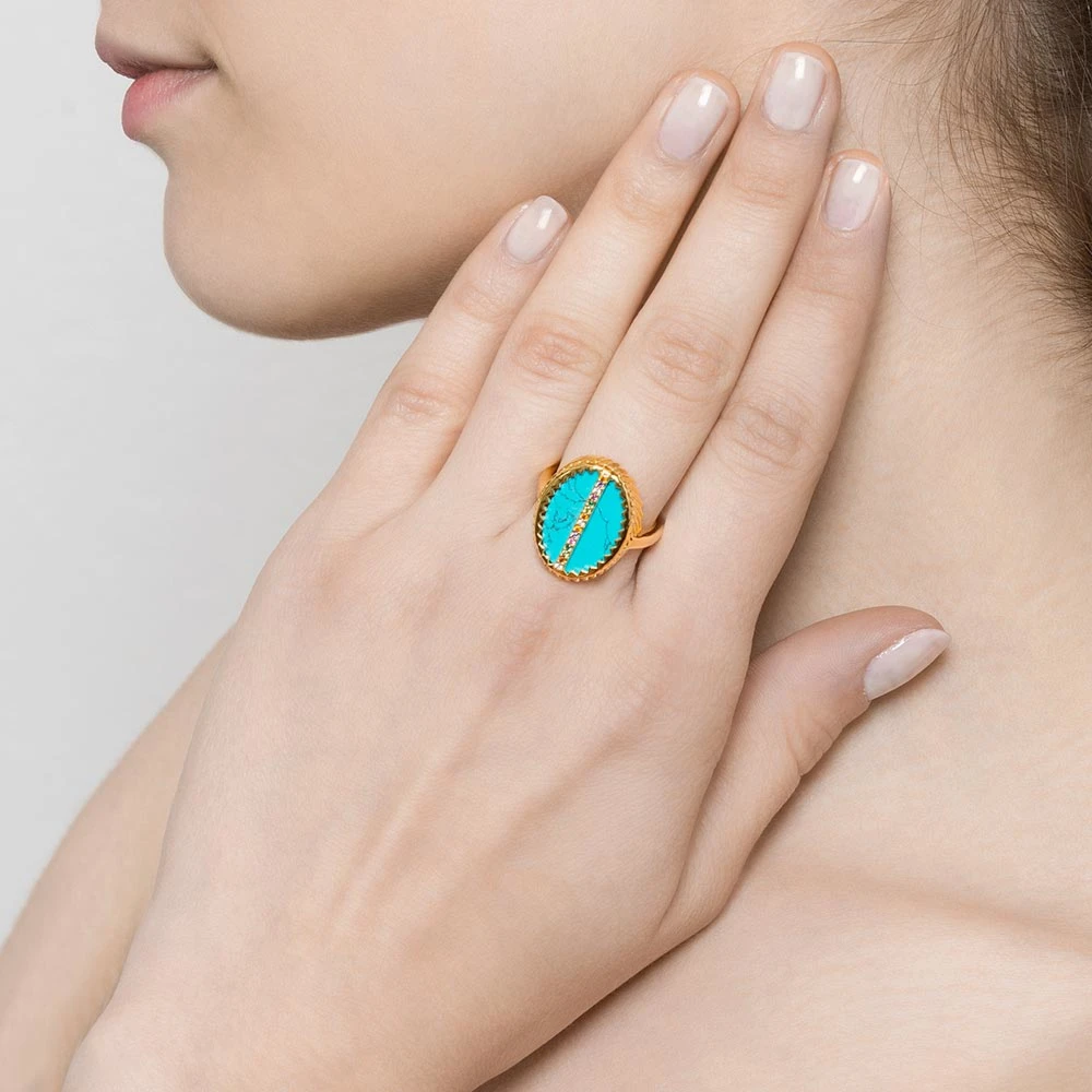 Bague Pierre Turquoise Et Zircons (doré) 6 Bague Pierre Turquoise Et Zircons (doré) – Image 4