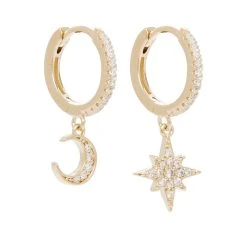 Mini Créoles Asymétriques étoile Et Lune (zircons Blancs)