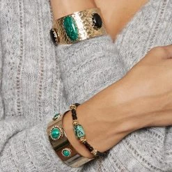 Manchette Martelée Triple Pierres (jade Vert/onyx) -Jollia Soldes Magasin bracelet manchette pierre vert