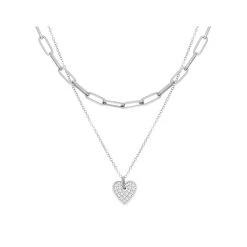 Collier Deux Rangs Maillon Coeur Zircon (plaqué Or Blanc)