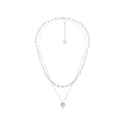 Collier Deux Rangs Maillon Coeur Zircon (plaqué Or Blanc) -Jollia Soldes Magasin collier argente maillons coeur zag