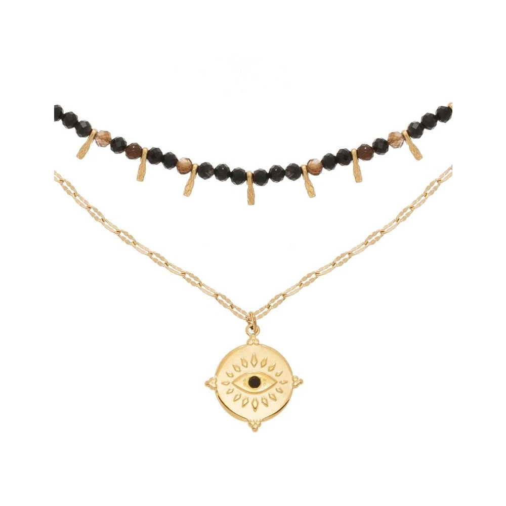 Collier Double Rangs Pierres Et Médaille Oeil (noir/marron) 3 Collier Double Rangs Pierres Et Médaille Oeil (noir/marron)