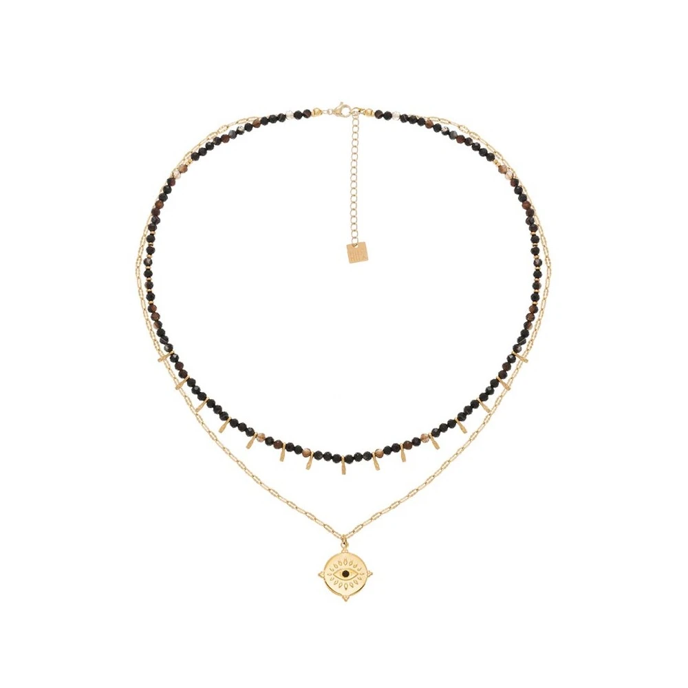 Collier Double Rangs Pierres Et Médaille Oeil (noir/marron) 5 Collier Double Rangs Pierres Et Médaille Oeil (noir/marron) – Image 3