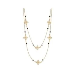 Sautoir Trèfles Et Pierres Noires (plaqué Or)