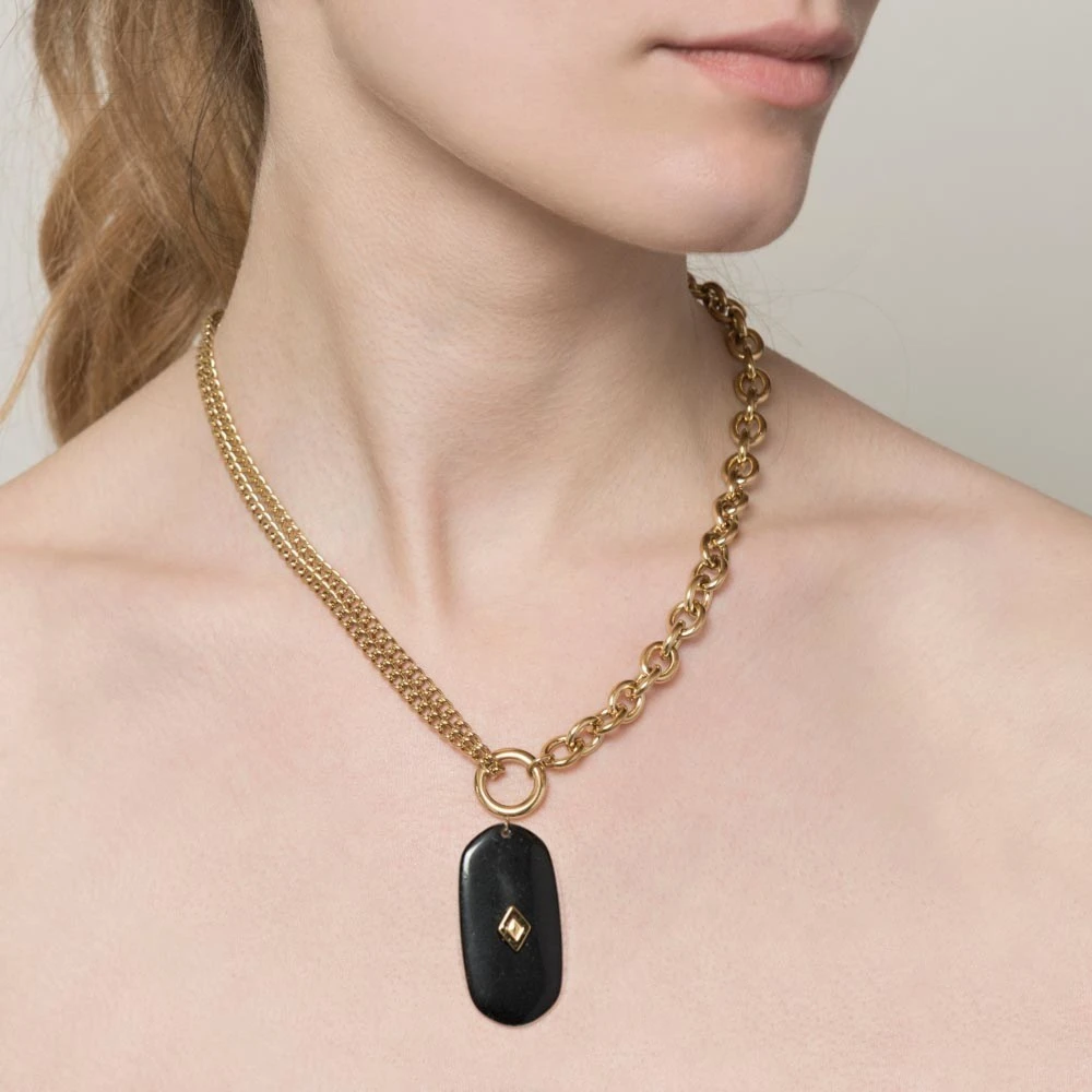 Collier Double Chaînes Maillons Et Pendentif Pierre Ovale (onyx) 4 Collier Double Chaînes Maillons Et Pendentif Pierre Ovale (onyx) – Image 2
