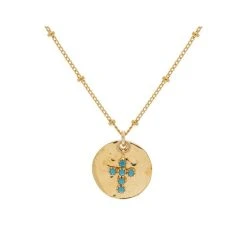 Collier Médaille Martelée Et Croix (turquoise/doré)