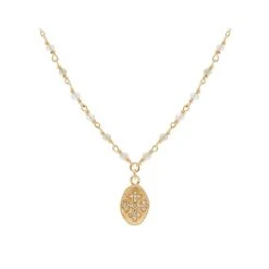 Collier Perles Grises Pendentif Et Croix (plaqué Or)