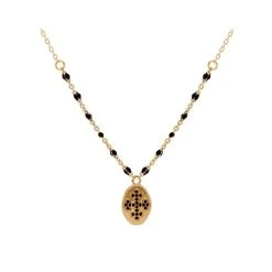 Collier Perles Noires Pendentif Et Croix (plaqué Or)