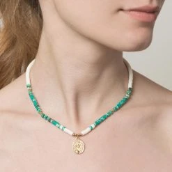 Collier Surfer Disques Et Pendentif (blanc/turquoise) -Jollia Soldes Magasin collier perle turquoise medaille dore
