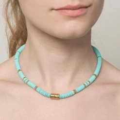 Collier Surfer Disques Dorés (turquoise) -Jollia Soldes Magasin collier surfeur disque bleu zag