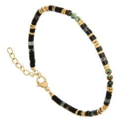 Bracelet Perles Et Pierres (agate Noire Et Turquoise Africaine)
