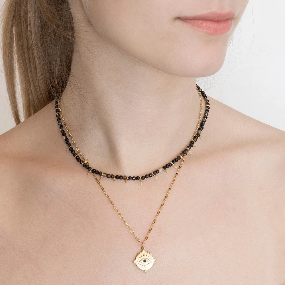 Collier Double Rangs Pierres Et Médaille Oeil (noir/marron) 4 Collier Double Rangs Pierres Et Médaille Oeil (noir/marron) – Image 2