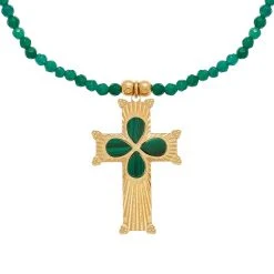 Collier Perles Pendentif XL Croix (malachite)