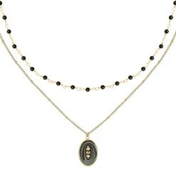 Colliers Superposés Perles Et Pendentif (noir)
