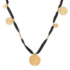 Sautoir Tissu Soie Médailles Gravées (noir)