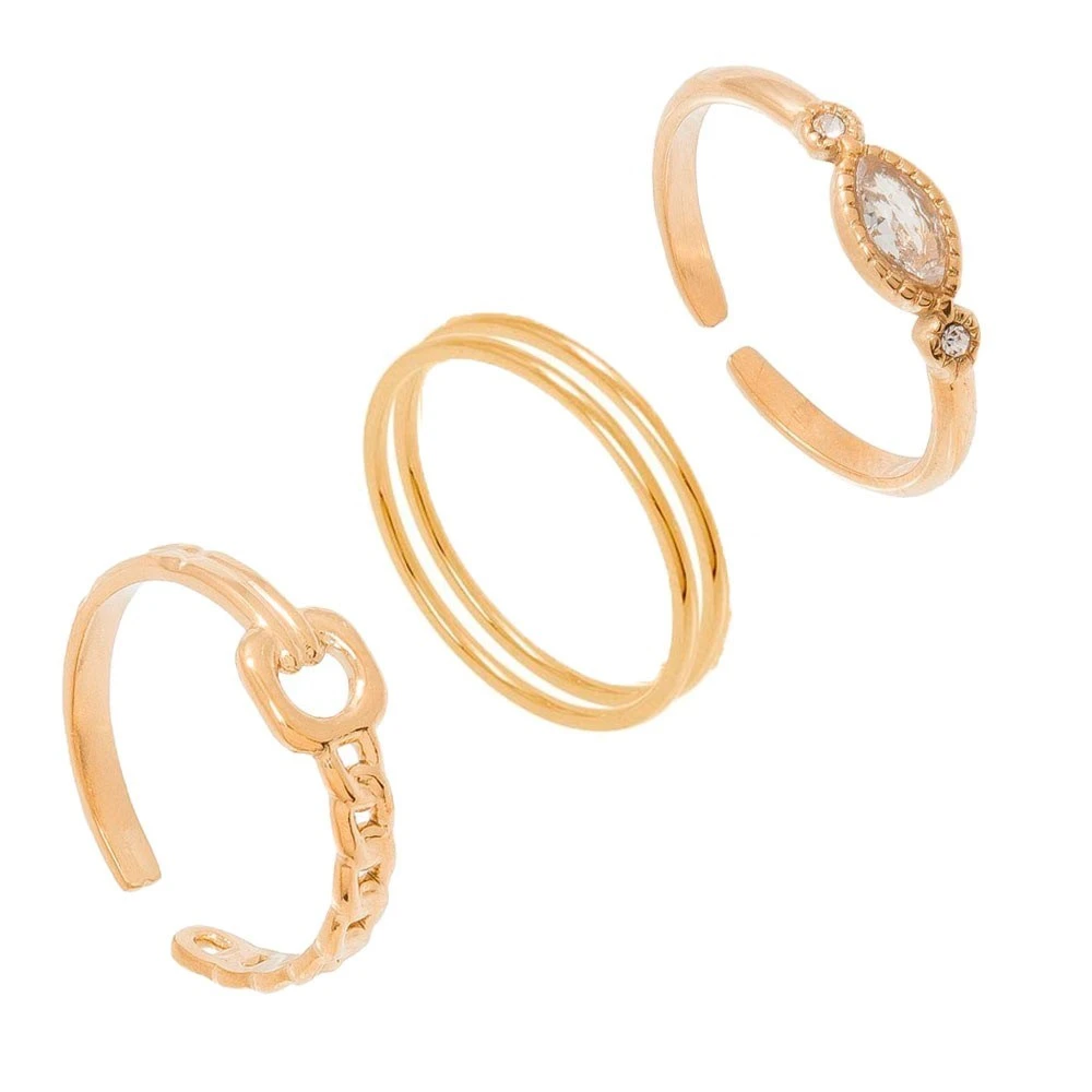 Set De Bagues Fines Cristal Et Maillon (doré) 3 Set De Bagues Fines Cristal Et Maillon (doré)
